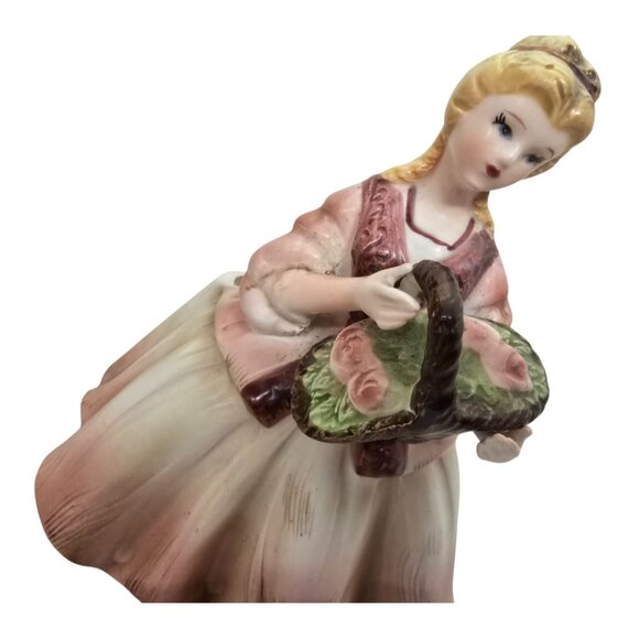 Vintage Lefton Lady Figurine Planter With Basket Pink/White Ceramic - Picture 6 of 7